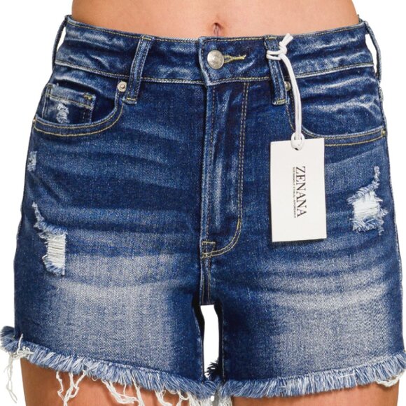 Pants - Multiple Sizes - Dark washed raw frayed hem denim shorts